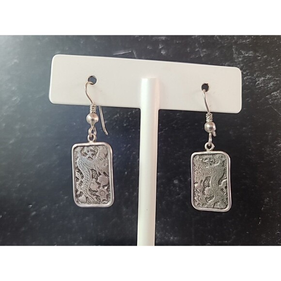 925 Sterling Silver Dragon Themed Rectangular Shaped Dangling Pierced Earrings - Picture 3 of 10